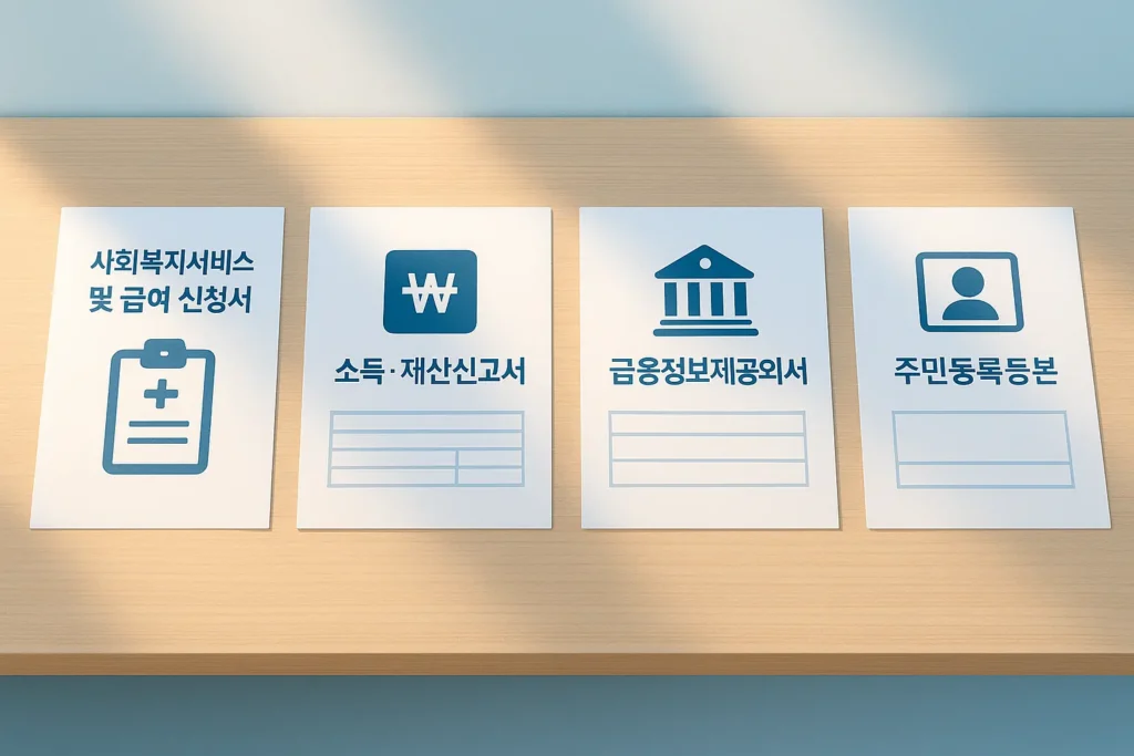 2025 기초생활보장 완벽정리 주민센터 책상 위에 놓인 복지 신청 기본 서류 네 종