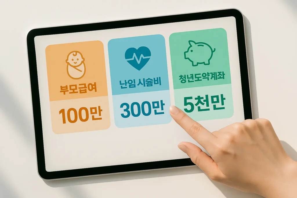 2025 출산·청년 금융패키지 분석 태블릿 화면에 부모급여·난임 시술비·청년도약계좌 금액 인포그래픽