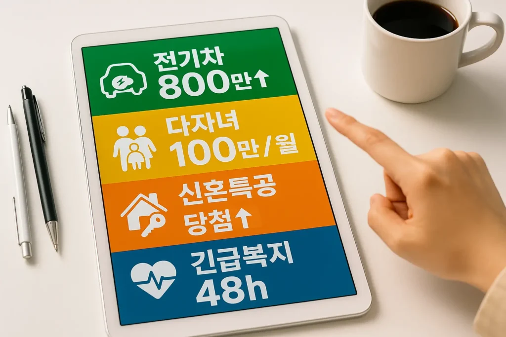 2025년 복지·지원 정책 가이드 태블릿 화면에 전기차·다자녀·신혼특공·긴급복지 주요 수치가 표시된 인포그래픽