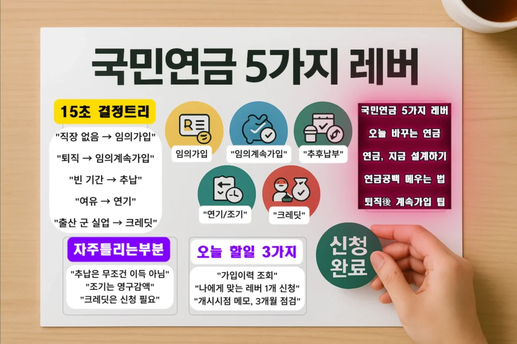 국민연금 추후납부 계산 가이드 국민연금 5가지 레버 요약 카드와 결정트리, 신청 완료 스티커