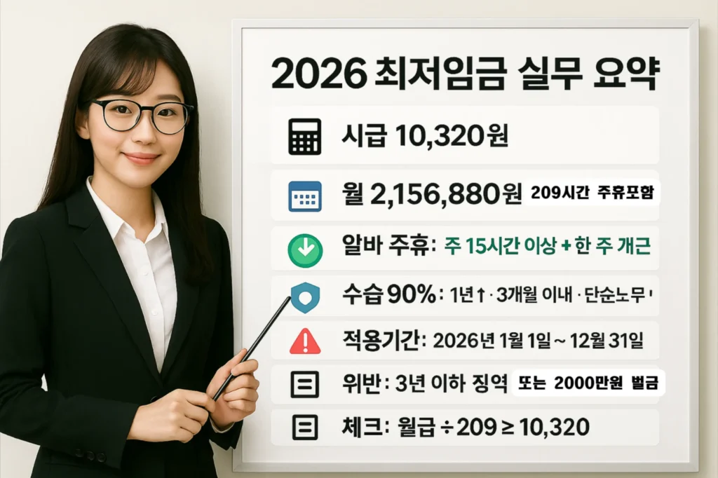 209시간 월환산 기준 2026 화이트보드에 시급 10,320원·월 2,156,880원·주휴 조건·수습 3요건을 정리한 장면