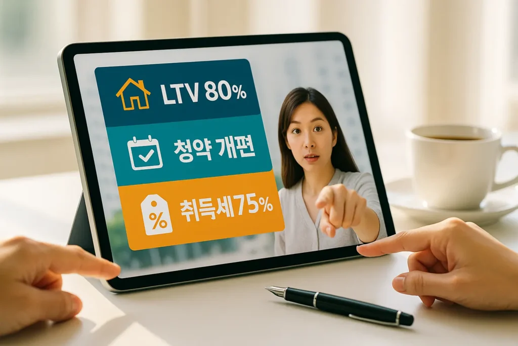 2025년 무주택자 부동산 정책 가이드 태블릿 화면에 2025 부동산 지원 수치가 표시된 인포그래픽