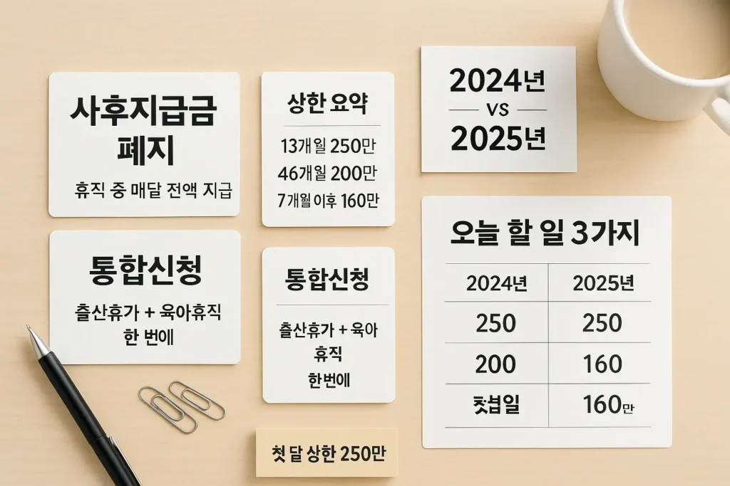 출산휴가 육아휴직 통합신청 2025 책상 위 카드들에 ‘사후지급금 폐지’, ‘상한 요약 13개월 250만·46개월 200만·7개월~ 160만’, ‘통합신청 출산휴가+육아휴직’, ‘오늘 할 일 3가지’와 2024년 vs 2025년 비교 표가 정리돼 있다.
