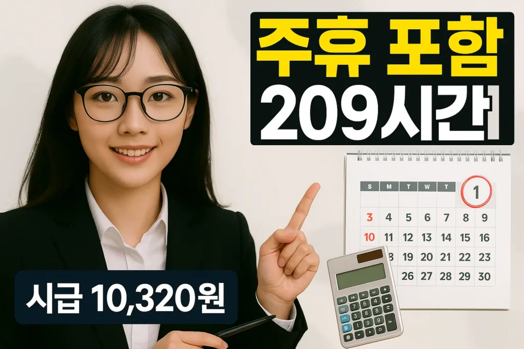 주휴 포함 209시간’ 문구와 달력을 가리키는 인물