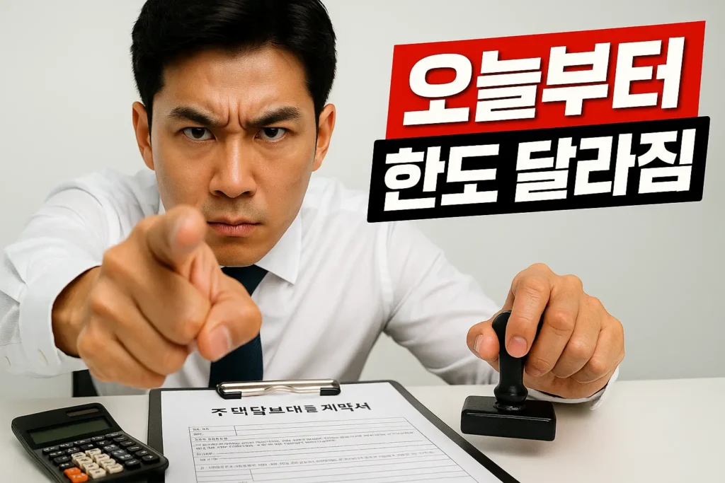 오늘부터 한도 달라짐 경고를 강조하는 사무직 남성이 도장을 들고 카메라를 가리키는 사진