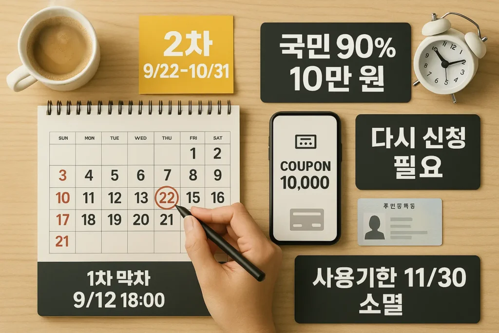 민생회복 소비쿠폰 2차 신청 방법 9월 22일 표시된 탁상 달력과 ‘COUPON 10,000’ 스마트폰, 신분증, 시계가 놓인 사진
