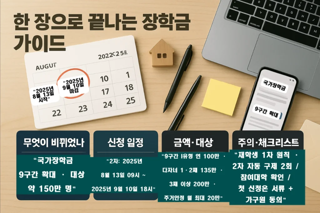 국가장학금 2025 종합 가이드 요약 인포그래픽, 일정·금액·주의사항을 한 장에 정리