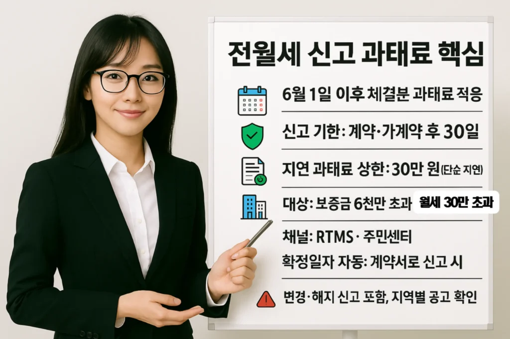임대차신고제 과태료 기준 정장 차림의 안내자가 화이트보드로 신고 대상·기한·경로를 설명하는 장면
