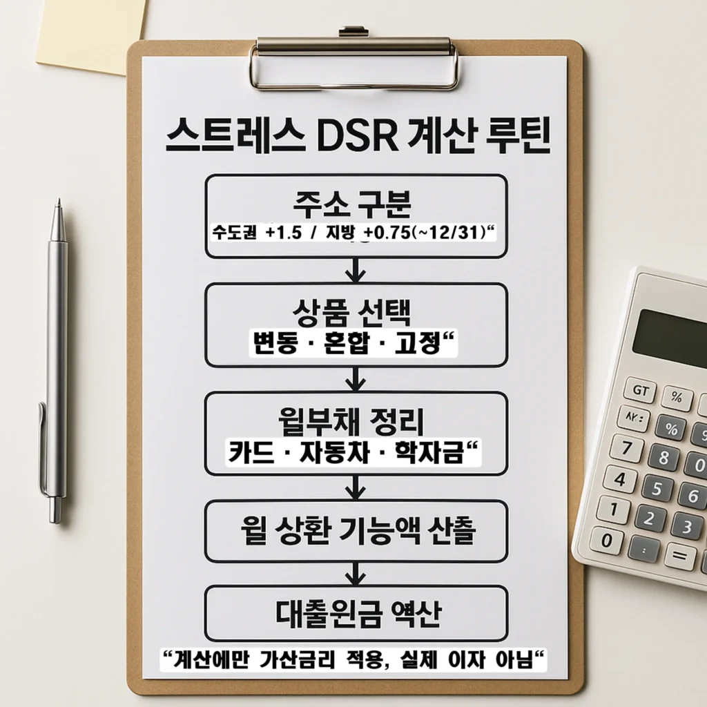 스트레스 DSR 주담대 한도 클립보드에 정리된 스트레스 DSR 계산 루틴, 옆에 계산기와 펜이 놓인 장면