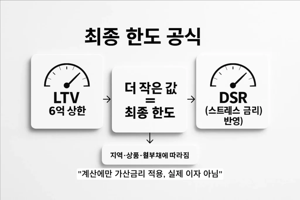 스트레스 DSR 주담대 한도 LTV/상한 vs DSR 계산액 중 더 작은 값 요약 그래픽