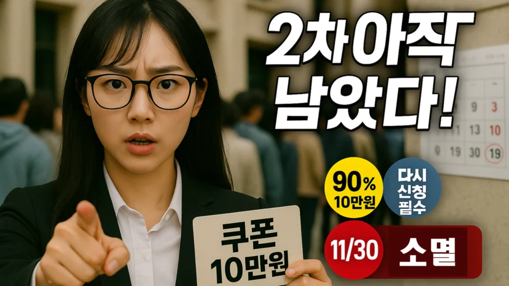민생회복 소비쿠폰 2차 신청 방법 안내자가 2차 남았음을 알리고 ‘다시 신청 필요’ 문구를 가리키는 사진, 배경 달력