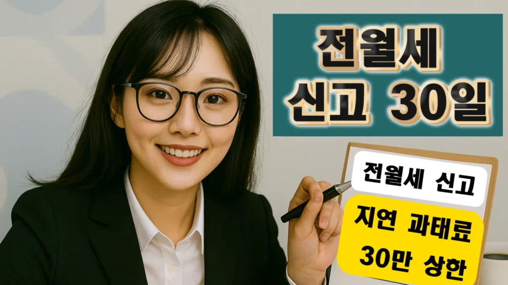 안경을 쓴 상담사가 ‘전월세 신고 30일’ 보드를 가리키는 장면
