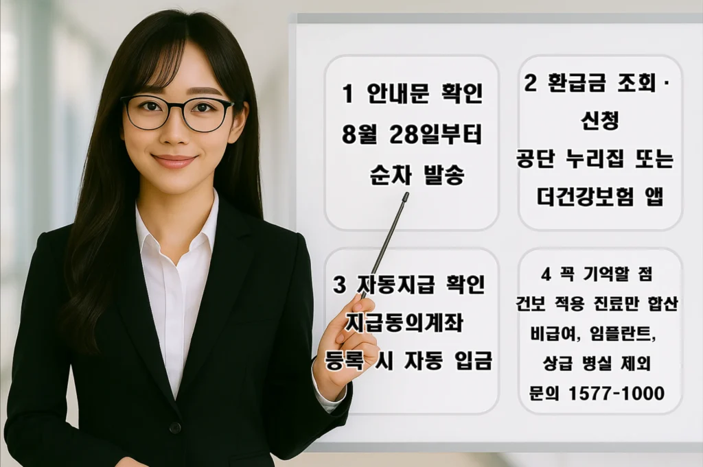 본인부담상한제 상한액 2024 기준 총정리 “안내문 확인, 환급 조회·신청, 자동 입금, 제외 항목을 설명하는 보드”