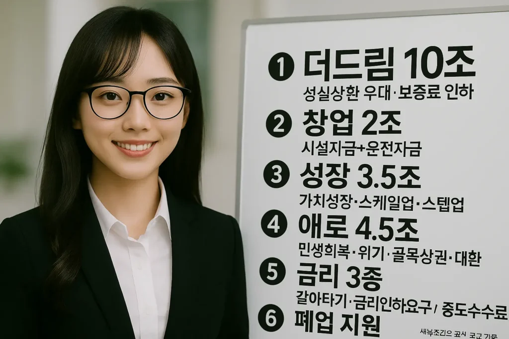 폐업지원 대환대출 확대 보드에 ‘더드림 10조·창업 2조·성장 3.5조·애로 4.5조·금리 3종·폐업 지원’이 적힌 안내판을 설명하는 장면