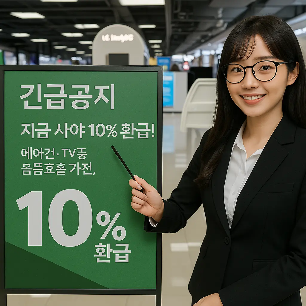 으뜸효율 가전 환급 가이드 2025 ‘지금 사야 10% 환급’ 안내 보드를 가리키는 장면