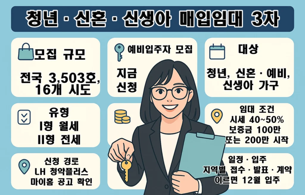 헷갈림 차단: 3,503호 청년 신혼 매입임대 2025 3차 자격 소득 임대조건 데이터 가이드 I형 월세·II형 전세 비교 카드, 시세 40~50%·보증금 100/200만 시작