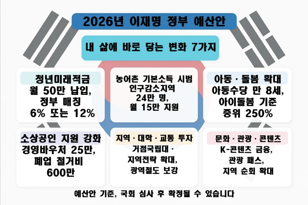 2026 예산안 핵심요약 7가지 “청년미래적금·농어촌 기본소득·아동·돌봄·소상공인·지역·문화·안전 7가지 변화(안) 인포그래픽”
