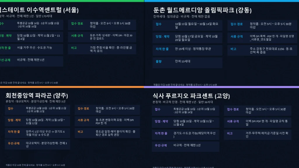 D-3 접수 한눈 요약 보드 — 네 단지 타임라인·자격·200dpi PDF 규격 표시