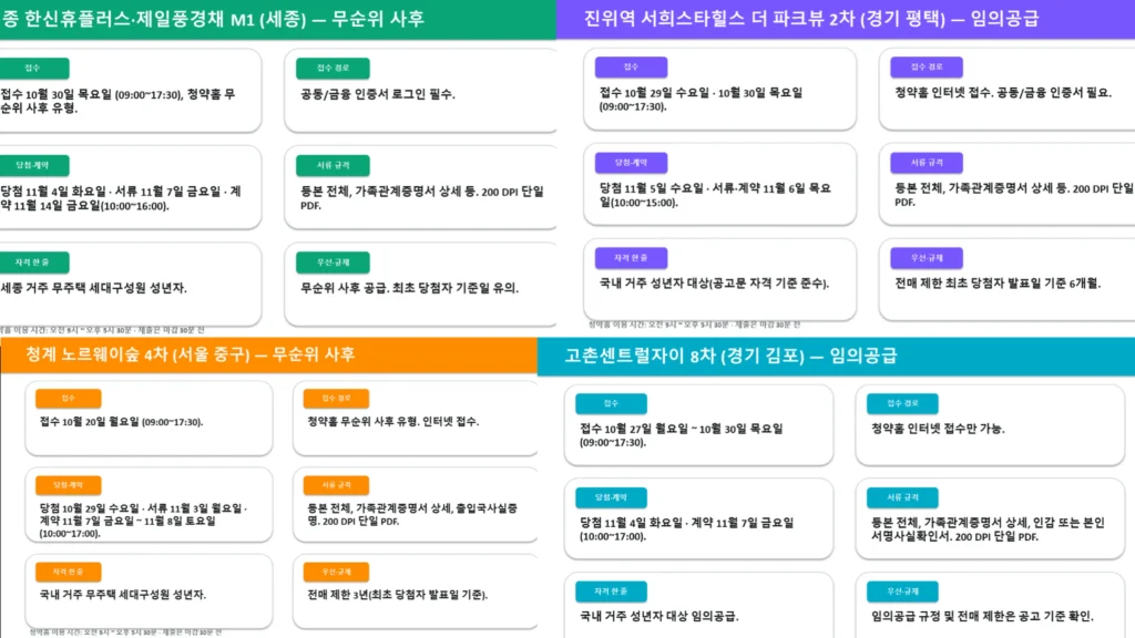 무순위 잔여세대 가이드 세종 M1 진위역 서희 2차 청계 노르웨이숲 4차 고촌센트럴자이 8차 네 단지를 카드로 나눠 접수일과 당첨일 서류 규격 전매와 재당첨 규정 1인 1건 재접수 불가 출입국사실증명 필수 등을 읽기 쉽게 정리한 화이트 인포그래픽