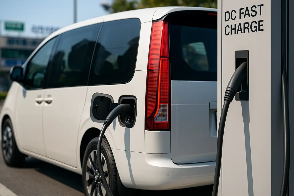 스타리아 EV 전기 미니밴 좌측 후측면 충전 포트에 CCS 커넥터 연결, 주간 DC 급속 충전 장면