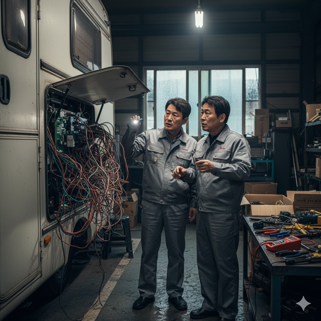 한국 캠핑카 정비소 수리 현장 복잡한 전기 배선 AS 전문가