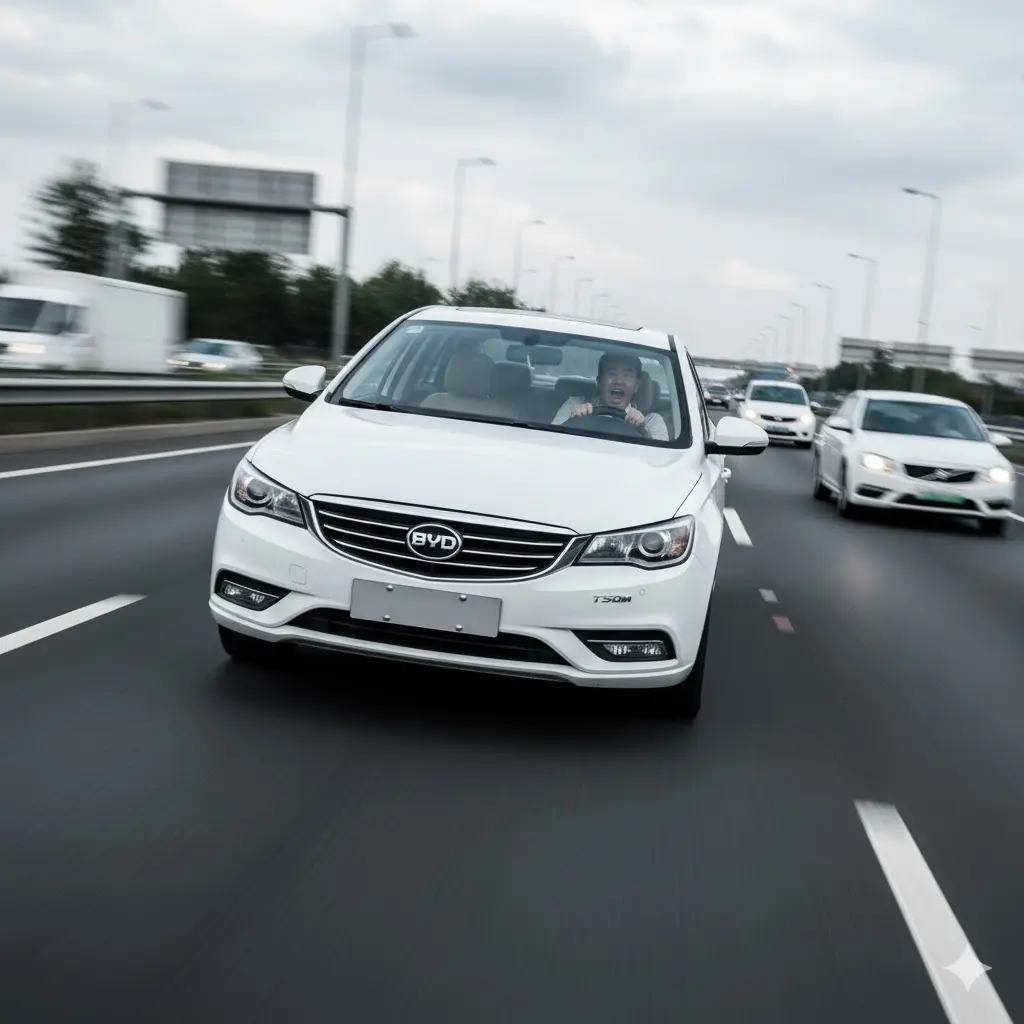 고속도로 한가운데서 질주하는 흰색 BYD 세단과 핸들을 움켜쥔 채 공포에 질린 운전자의 전면 사진