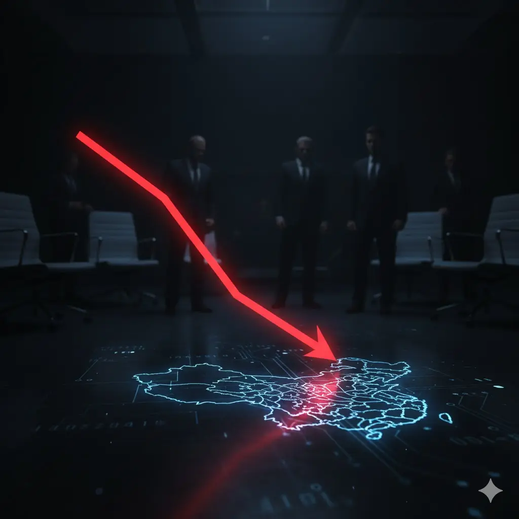테슬라위기 빨간 하락 화살표가 중국 지도 위로 떨어지고 그 주변을 정장 차림 임원들이 둘러싼 회의실 장면