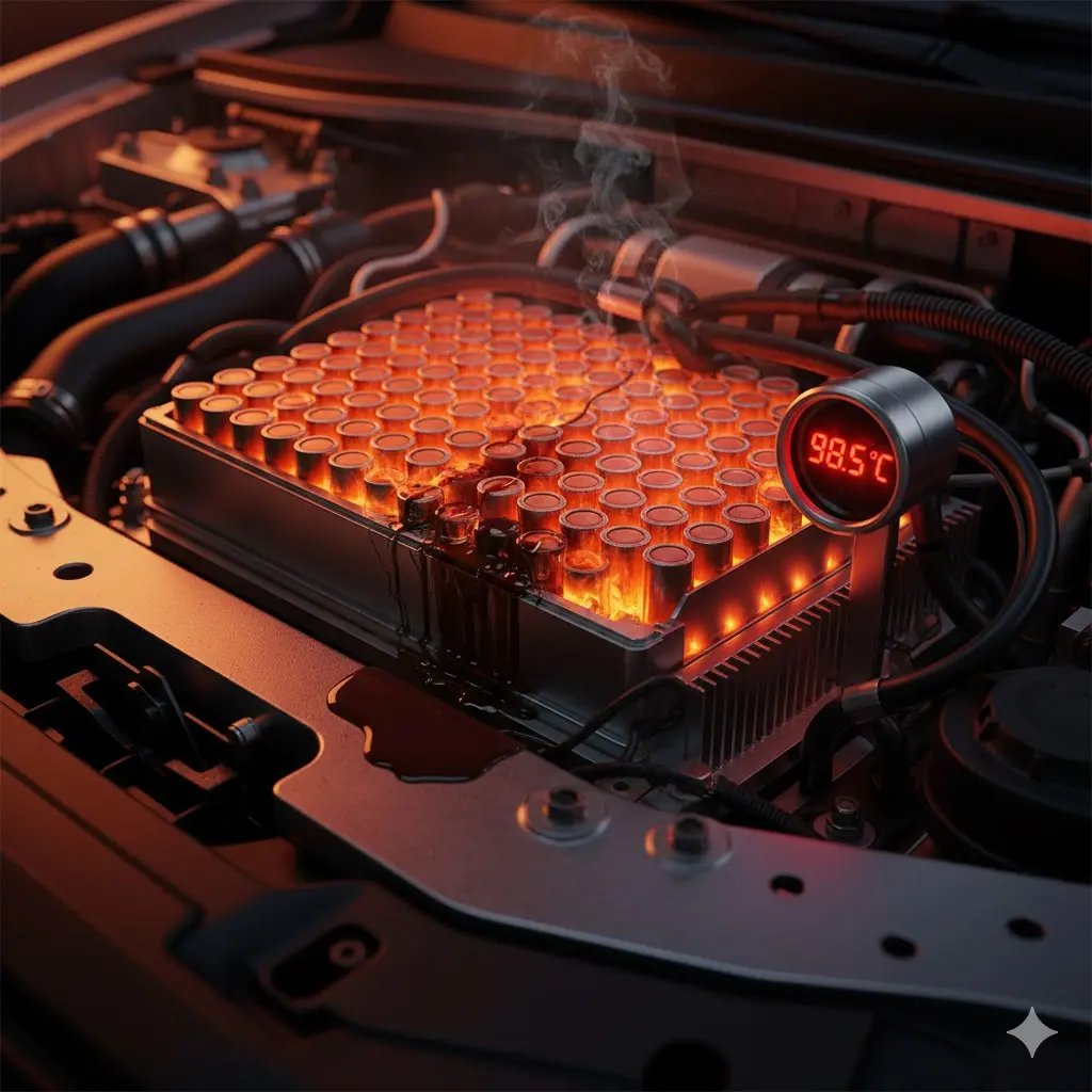 과열로 인해 98.5°C를 나타내는 전기차 배터리 셀 팩의 클로즈업