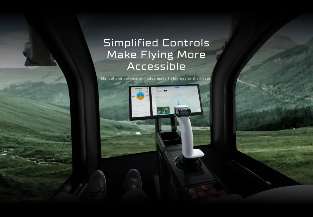 샤오펑 육지 항공모함의 비행 모듈 내부 조종석 시점, 전면 대형 파노라마 윈도우를 통해 보이는 넓은 풍경과 비행 정보를 표시하는 듀얼 디스플레이, 한 손 조작이 가능한 싱글 레버 컨트롤러.