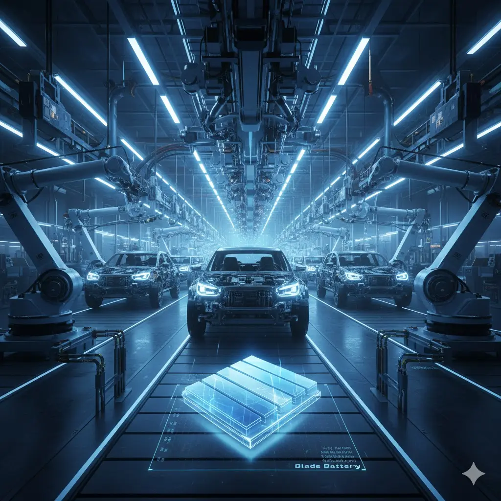 로봇 팔이 줄지어 선 전기차 생산 라인 중앙에서 BYD 차량과 블레이드 배터리 구조를 강조한 공장 내부 장면
