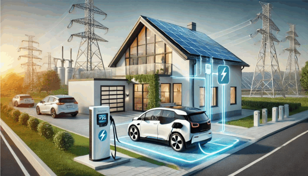 주택에 연결된 V2G 충전기로 전기차가 전력을 공급하는 모습. 전력망 안정화 역할.