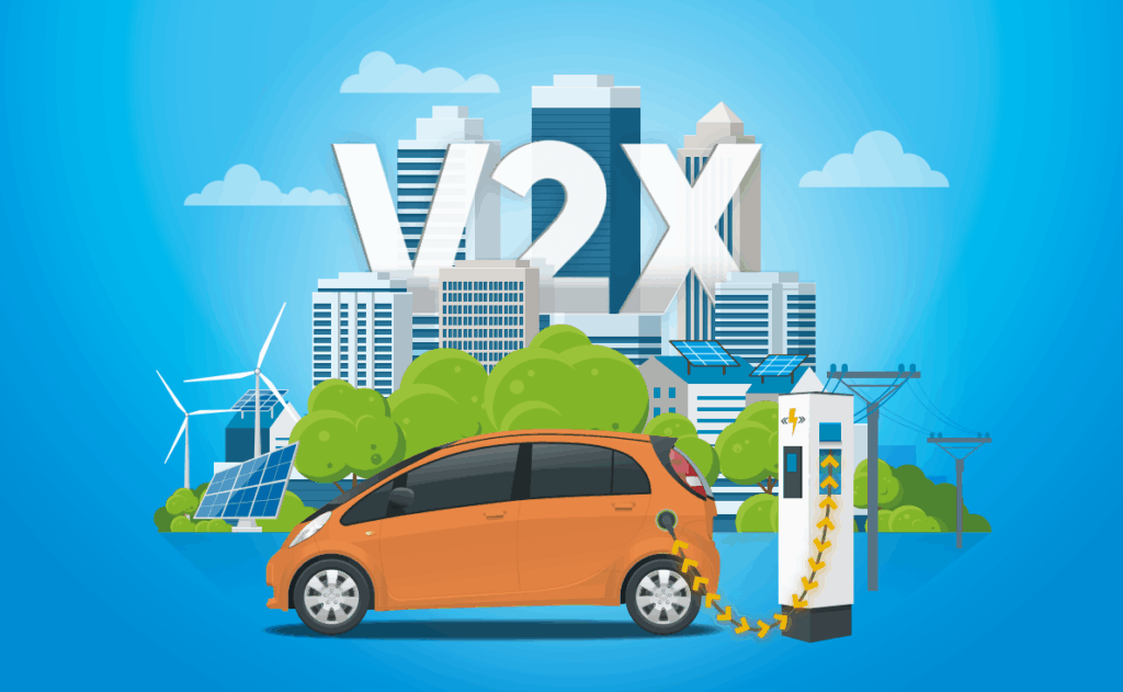 V2X 양방향 전력 교환 기술 개념도. EV가 도시 전력망, 건물과 연결되어 전력을 주고받는 모습.