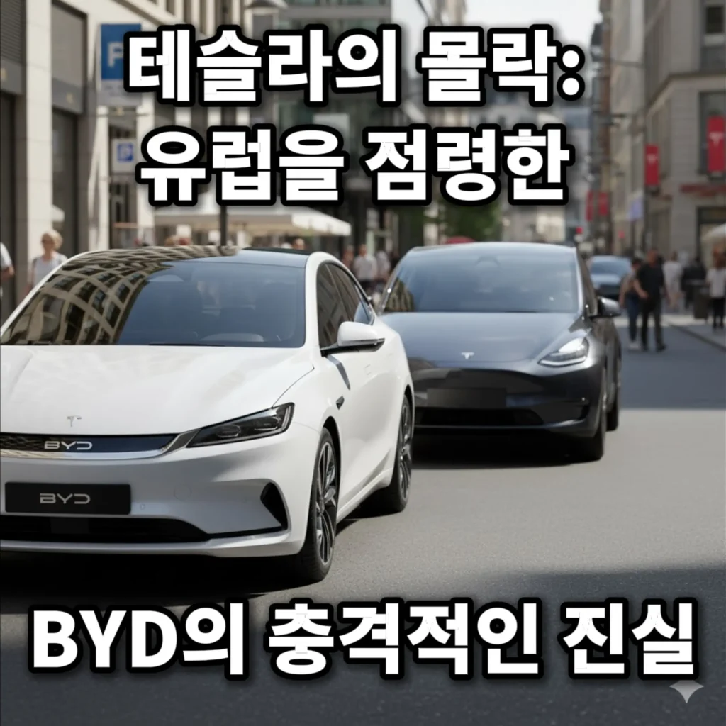 유럽 도심 도로에서 선두에 선 BYD 전기차와 그 뒤를 따르는 테슬라 전기차