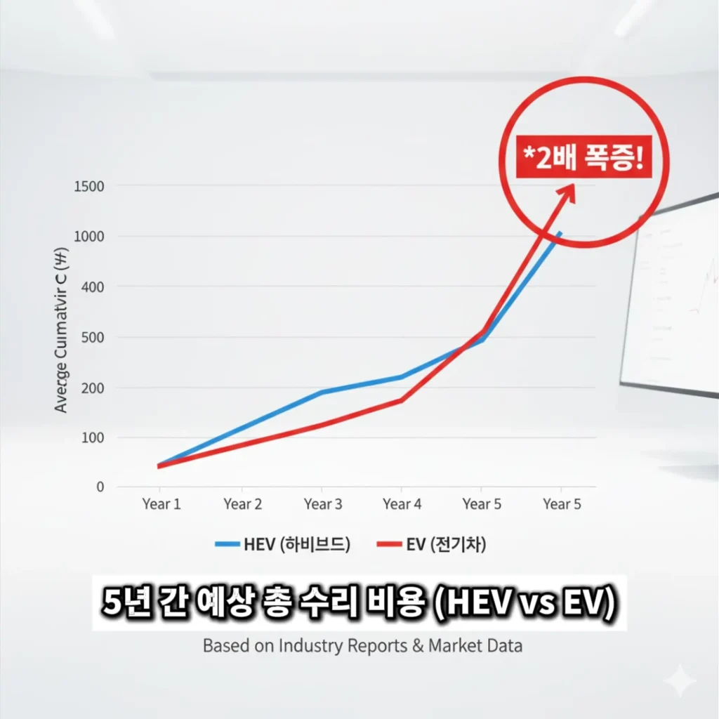V (전기차)의 5년 차 수리 비용이 하이브리드(HEV) 대비 2배 이상 급증하는 것을 보여주는 데이터 그래프.
