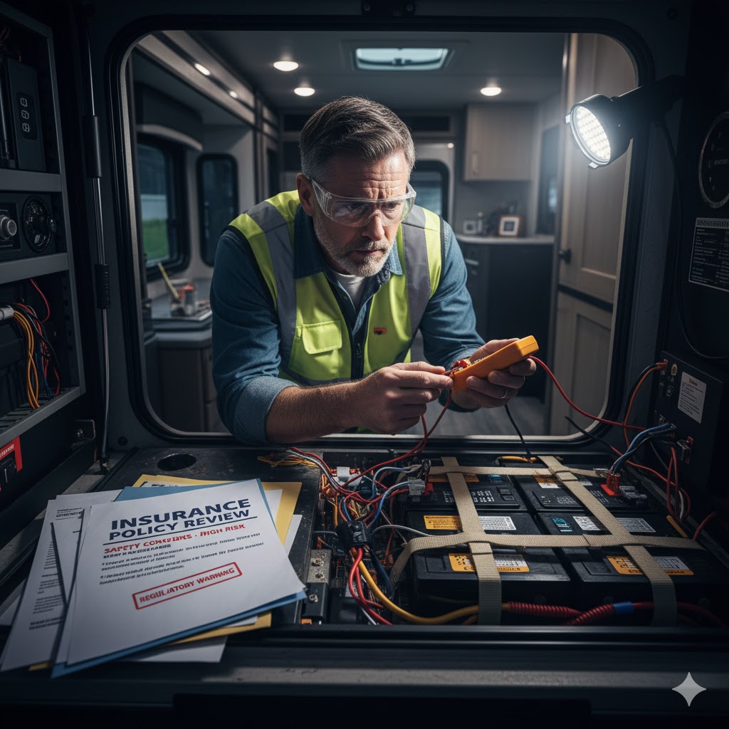 RV보험거부 RV 실내에서 형광 조끼와 보호 안경을 착용한 중년 전문가가 멀티미터로 리튬 배터리 뱅크 전압을 측정하고 있고, 앞에는 ‘INSURANCE POLICY REVIEW’ 문서가 놓여 있는 모습