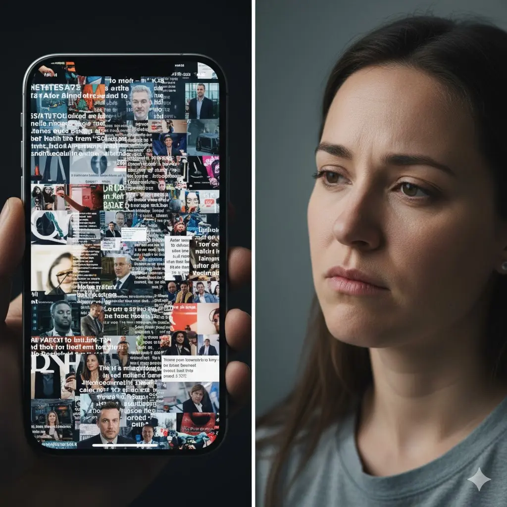 테슬라위기 각종 논란과 뉴스로 가득한 스마트폰 화면과 옆에서 피곤한 표정으로 이를 바라보는 여성