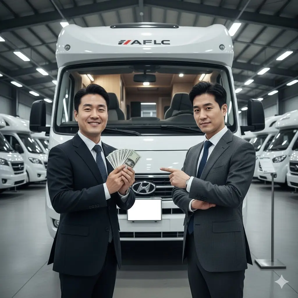 캠핑카 가격 인상 RV 모터홈 앞에서 돈을 들고 웃고 있는 캠핑카 제조사 관계자 또는 딜러