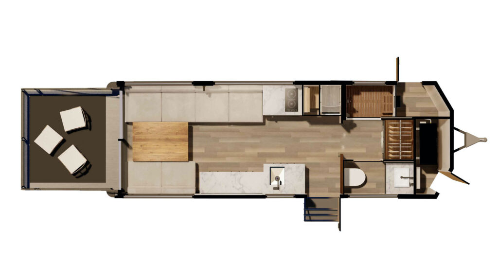 리빙 비히클 사이버트레일러의 실내 평면도, 후면 데크부터 거실, 주방, 욕실, 침실까지 일직선으로 배치된 상부 탑뷰
