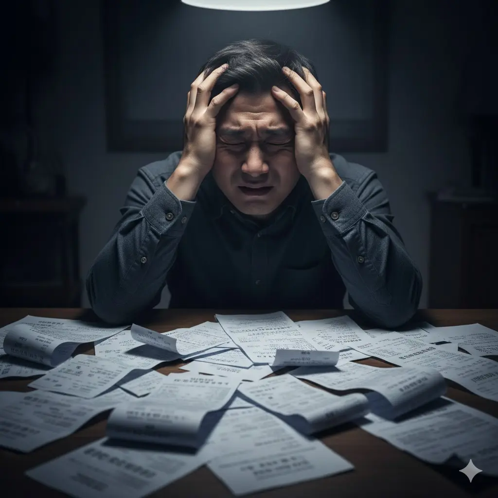 수리비 영수증과 청구서에 둘러싸여 머리를 감싸 쥐고 좌절하는 한국인 남성