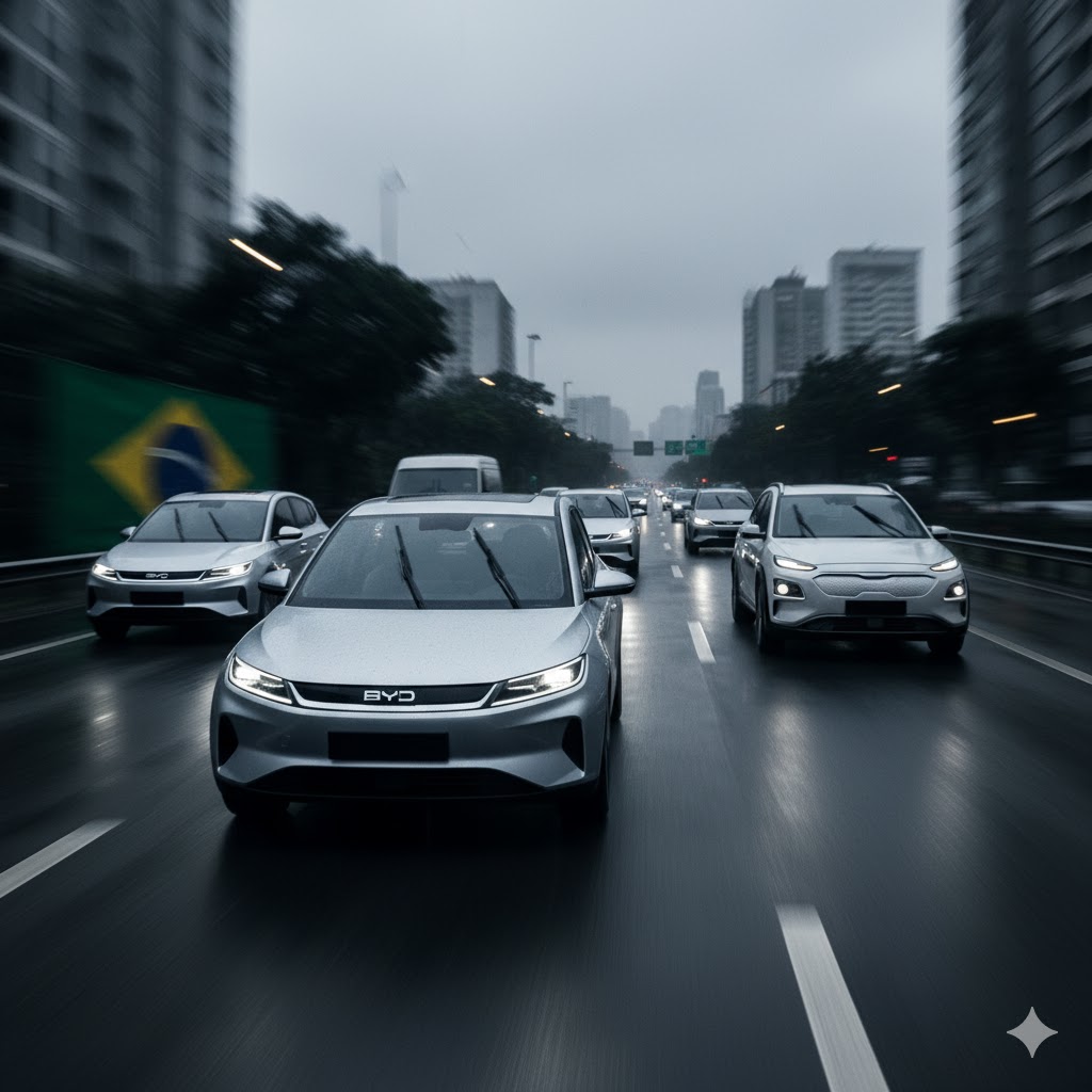 브라질 국기가 보이는 빗길 도심 고속도로를 여러 대의 BYD 전기차가 무리를 지어 주행하는 모습