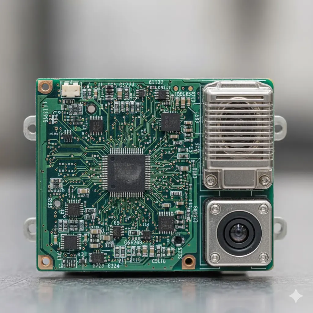 카메라 모듈과 프로세서가 결합된 차량 ADAS 전자제어 장치(ECU) 기판의 극접사 이미지