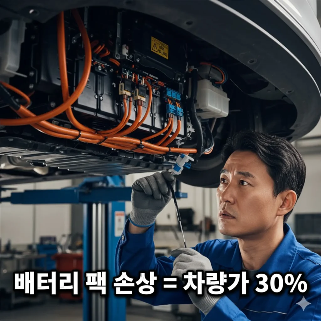 EV 고전압 배터리 팩 하부 부품을 정밀하게 점검하는 전문 정비사의 모습.