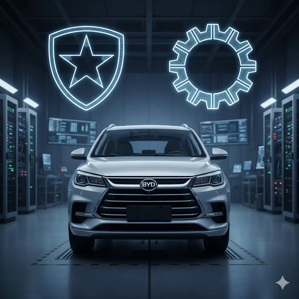 데이터센터 같은 실내 시험실에서 BYD SUV 전면부 위로 방패와 톱니바퀴 아이콘이 떠 있는 안전·설정 콘셉트 이미지