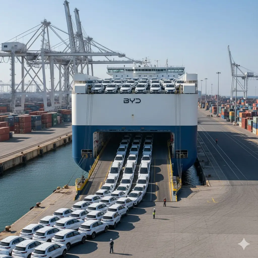 테슬라위기 BYD 로고가 적힌 대형 자동차 운반선에서 수많은 전기차가 항만으로 쏟아져 나오는 모습