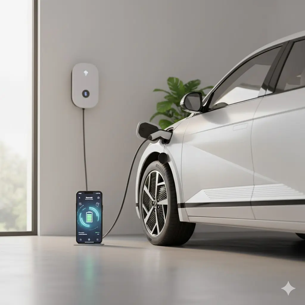 전기차 고속 충전 가정용 완속 충전기로 충전 중인 EV와 배터리 상태를 모니터링하는 스마트폰