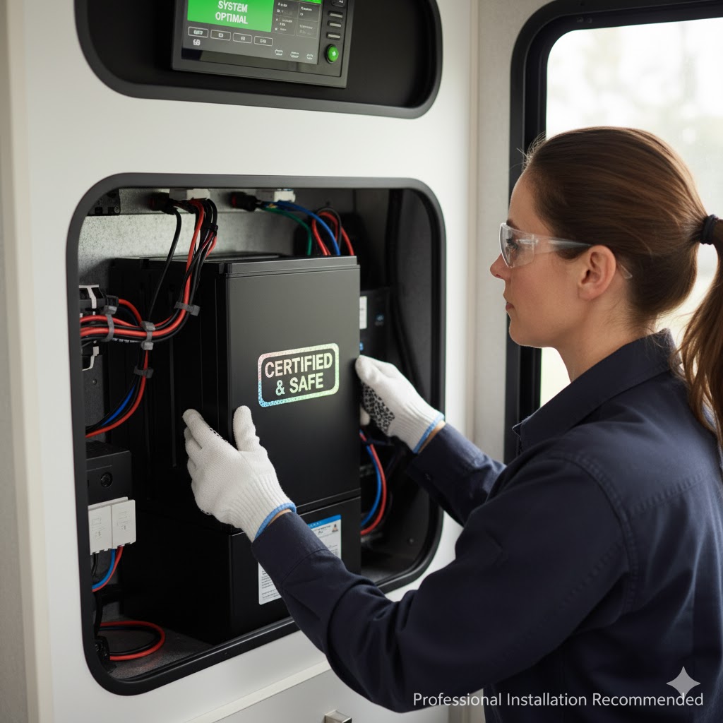 RV보험거부 흰 장갑과 보호 안경을 착용한 여성 기술자가 ‘CERTIFIED & SAFE’라고 적힌 블랙 배터리 팩을 RV 전기실에 장착하고 있는 모습, 상단 모니터에는 ‘SYSTEM OPTIMAL’ 표시가 떠 있는 장면