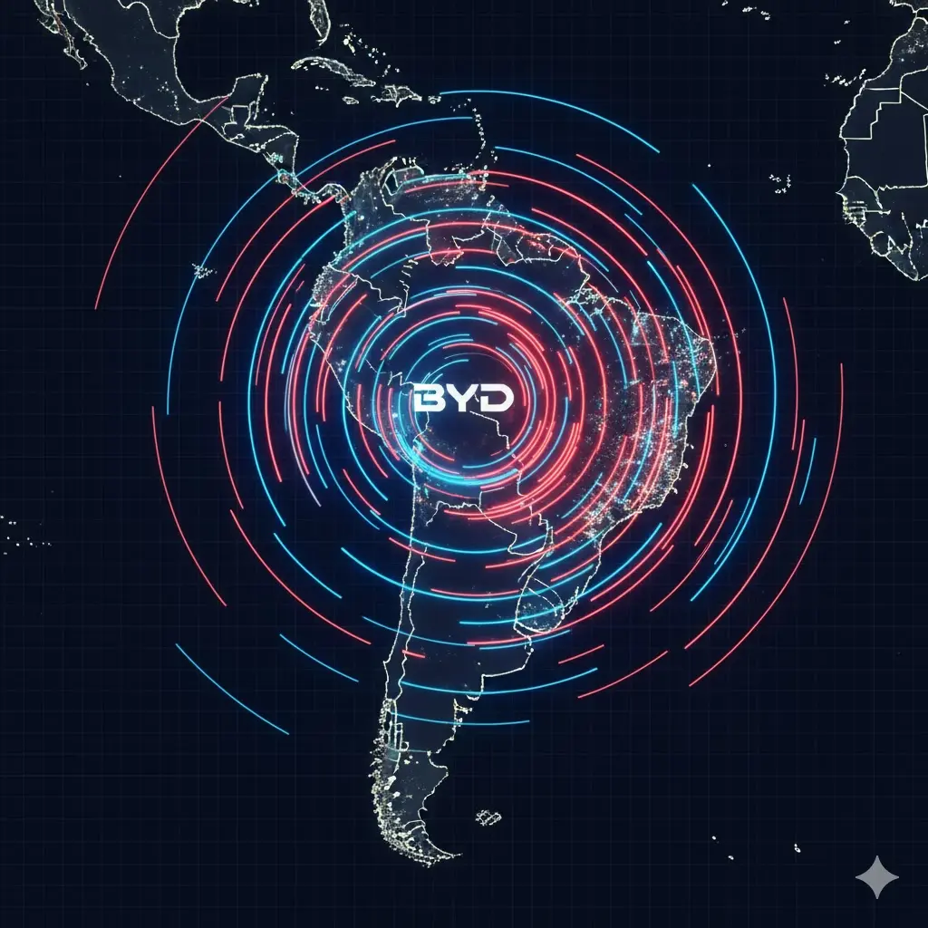 남미 대륙 중심에서 BYD 로고를 중심으로 전파처럼 퍼져 나가는 붉은·푸른 원형 파장을 표현한 지도 그래픽