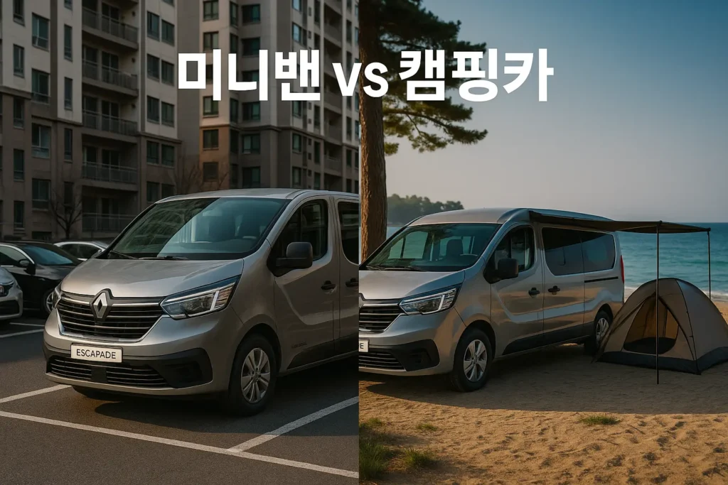 르노 트래픽 이스카파드 좌측은 도심 아파트 주차장, 우측은 바닷가 캠핑장으로 나뉜 콜라주에서 같은 르노 트래픽 이스카파드가 어닝과 텐트로 캠핑 모드 전환을 보여주는 대비 이미지