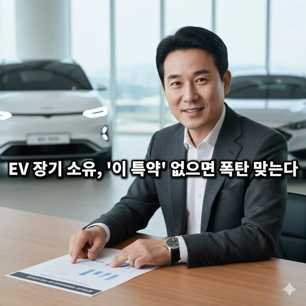 EV 수리비 EV 보험 특약 및 장기 소유 비용 차트를 가리키며 조언하는 한국인 재정 전문가.