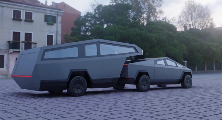 도심 광장 바닥 위를 주행하는 회색 테슬라 사이버트럭과 동일한 디자인의 각진 트레일러 콘셉트